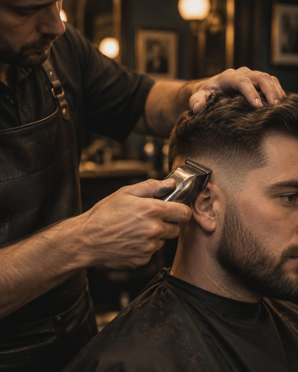 Close-up of a barber carefully finishing a fade