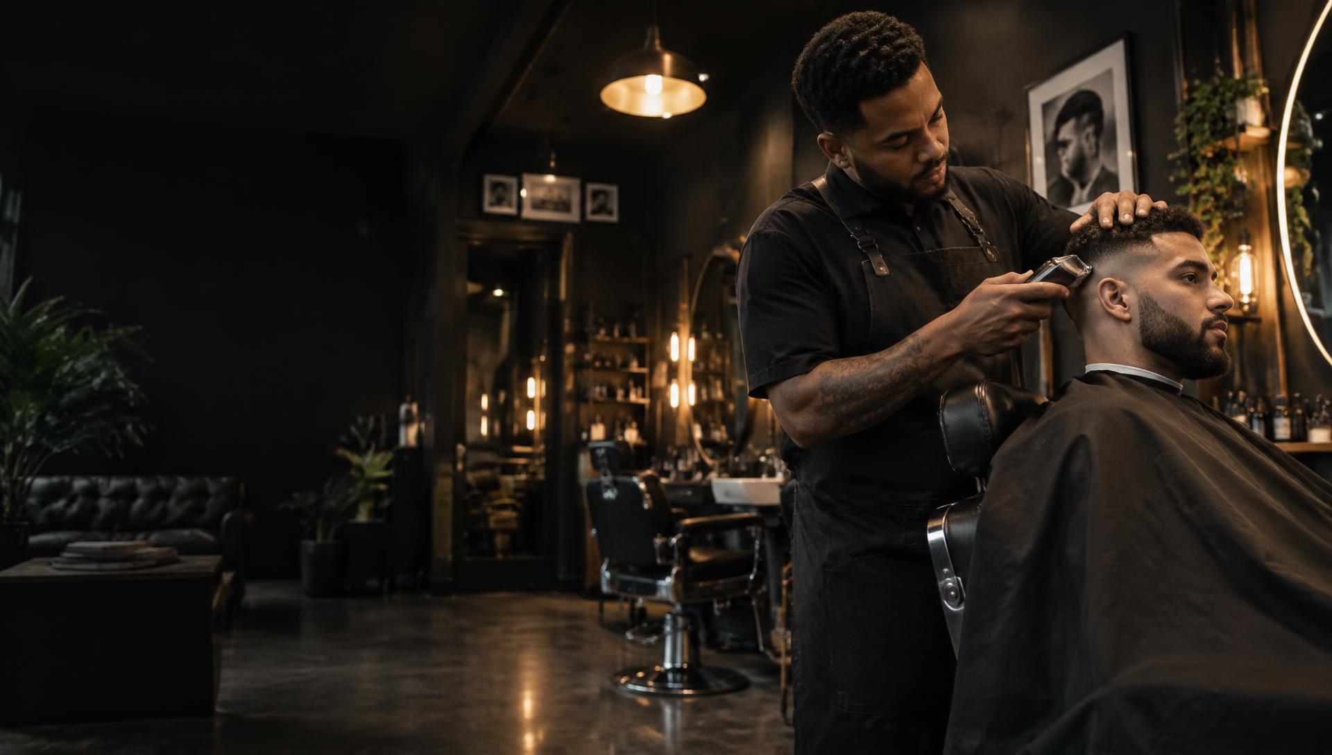 Barber giving a precise fade in a warmly lit barbershop